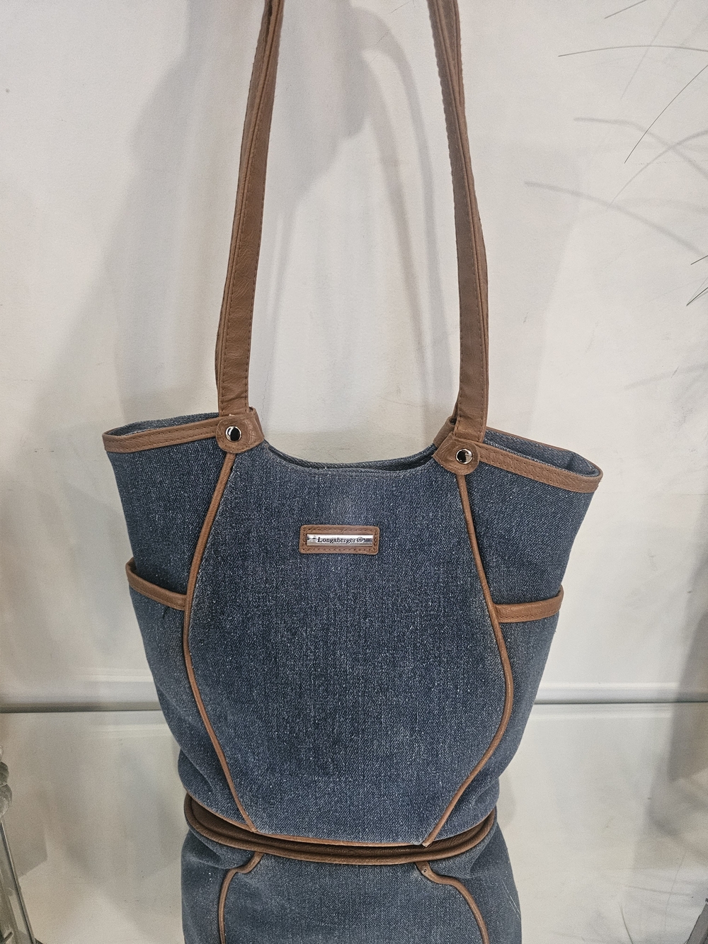 Longaberger Denim Tote with Brown Trim